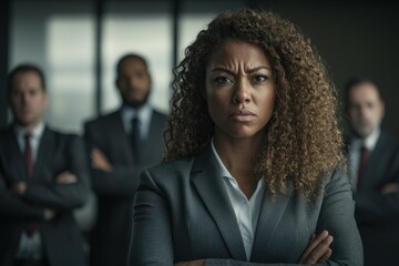 Fearless woman confronts men during political debate under bright midday stage lighting at a forum, showcasing her assertiveness and leadership qualities.