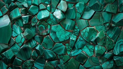 Broken pieces of green malachite stones forming an intricate mosaic, highlighting the stone's natural beauty and elegant textures with each fragment contributing to the unified design.