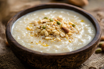 Rich and creamy Kheer rice pudding with cardamom and nuts. Served in a rustic bowl, evoking comfort.