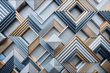 Poster - Intricate geometric patterns of layered frames create a stunning visual display in a modern interior, showcasing artistry and design innovation in a well-lit space. Generative AI