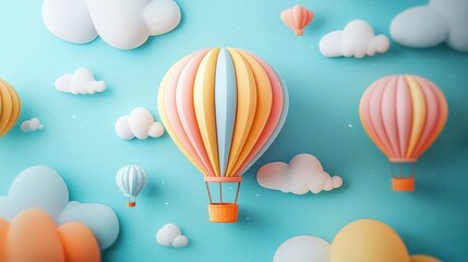 Whimsical and colorful pop art hot air balloon, vibrant patterns, playful composition, floating adventure::1.6 wicker basket, blue sky, cloud scenery, aerial view, dreamlike journey