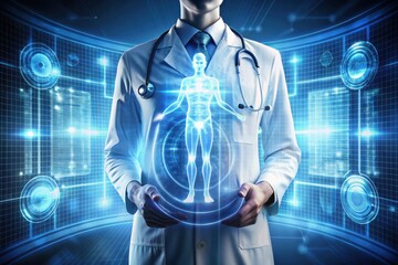 Poster - A futuristic healthcare professional showcases a holographic representation of the human body amid a digital landscape filled with glowing data elements. Generative AI