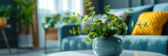 Canvas Print - Close-up of a modern living room featuring a green plant in a vase on the table.