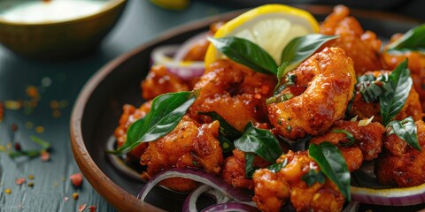 Poster - Spicy Indian Chicken 65 with Curry Leaves Lemon and Onion Rings on Plate