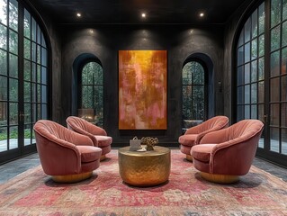 opulent living room deep charcoal walls blush velvet chairs gold accents oversized abstract art dramatic lighting