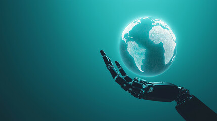 Poster - Robot hand holding digital earth globe with binary code on teal background