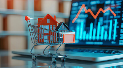 Poster - Shopping cart with houses representing real estate market fluctuations