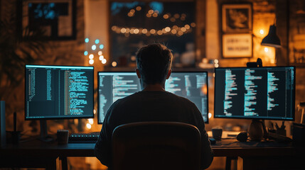 Leinwandbilder - Software developer working late on computer code at home office desk