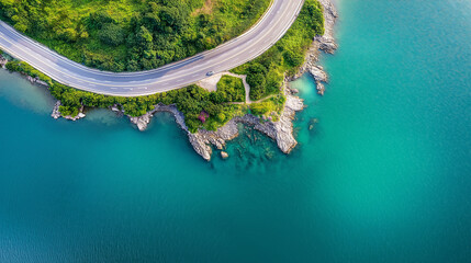 Turquoise water surrounding green island with winding road in thailand