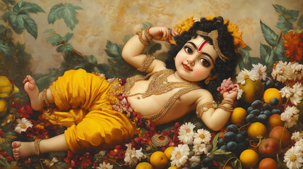 Baby krishna relaxing on flowers and fruits in a nature background