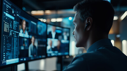 Aufkleber - Security operator working late at night in system control room with multiple monitors