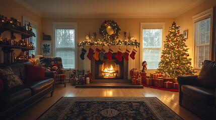 Wall Mural - A cozy living room with a fireplace and a Christmas tree