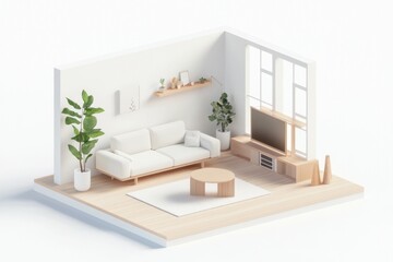 This open living room embodies Muji style with its minimalist furniture, abundant natural light, and tranquil ambiance, creating a perfect space for relaxation and comfort. Isometric style room