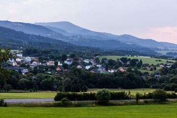 Sticker - Evening view of Mosty u Jablunkova village, Czech Republic