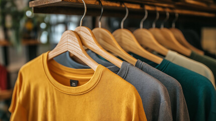 Colorful t-shirts hanging on wooden hangers in a clothing store