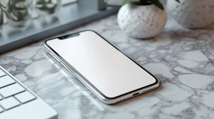 Poster - Modern smartphone with blank screen lying on marble desk with plants