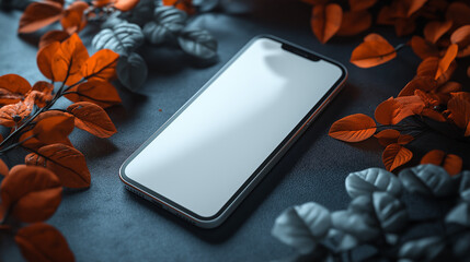 Poster - Smartphone showing blank screen surrounded by colorful autumn leaves