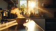© Andres Mejia - Steaming cup of coffee standing on kitchen counter in the morning sun