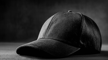 Black baseball cap lying on dark surface with dramatic lighting