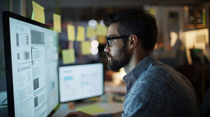 Leinwandbilder - Software developer working on computer in office at night