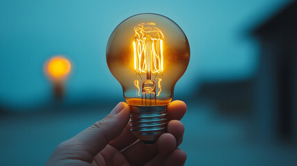 Hand holding a light bulb at twilight with city lights in background