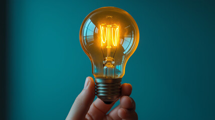 Aufkleber - Hand holding a glowing light bulb on blue background
