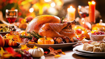 Delicious roasted turkey on thanksgiving table setting with side dishes and autumn decorations