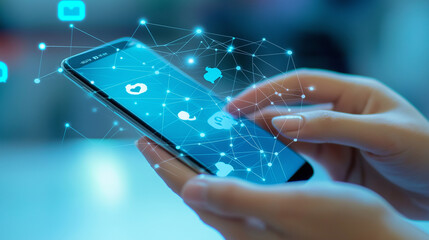 Poster - Woman holding smartphone using social media app with network overlay