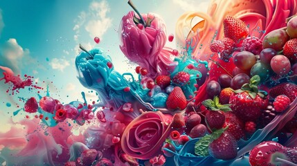 Poster - Abstract splash of vibrant colors with fruits and flowers.