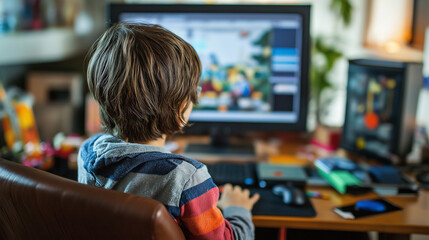 Young boy playing on desktop computer at home