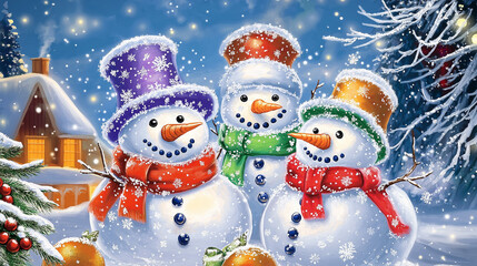 Three happy snowmen enjoying a snowy christmas eve