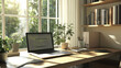 © Andres Mejia - Home office desk by the window on sunny summer day with plants and laptop computer