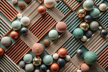 Poster - Colorful abstract composition of geometric shapes and textures arranged artistically on a teal background showcasing contrasting hues and materials. Generative AI