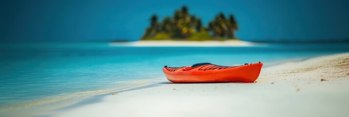 Kayak boat in tropical beach with island in sea