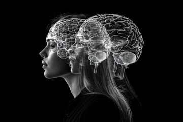 Sticker - Profile of a Woman with a Transparent Brain Overlay Depicting Cognitive Awareness Intellectual Depth and the Complexity of Thought in a Monochromatic Style