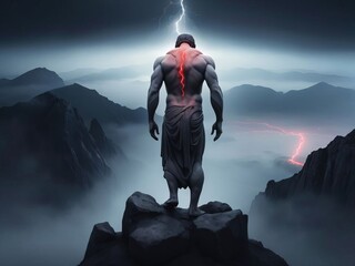 A Greek Stoic man made of grey stone with cracks. A toned body with head down, thick fog around, red lightning in the sky illuminates the fog. In the background there are black mystical mountains, bri