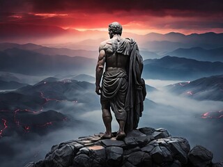 A Greek Stoic man made of grey stone with cracks. A toned body with head down, thick fog around, red lightning in the sky illuminates the fog. In the background there are black mystical mountains, bri