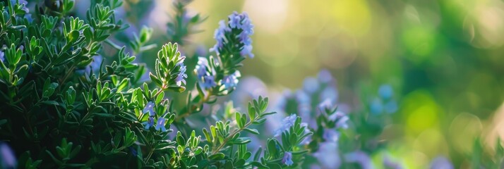 Canvas Print - Thyme plant flowering with small blue blossoms in the garden, highlighting a specific area with a shallow depth of field.