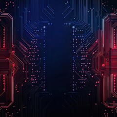 Poster - A vibrant abstract circuit board background with intricate patterns in blue and red hues, perfect for technology-themed designs.