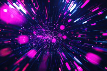 Poster - Vibrant abstract explosion of pink and blue light, depicting energy and movement in a cosmic digital space.