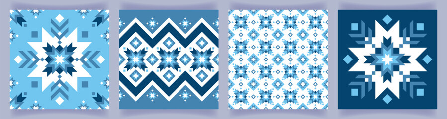 A set of abstract geometric backgrounds in scandinavian style. Norwegian pattern, ornament, stylized snowflake. Poster, print, decorative element, decoration