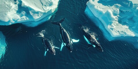 Poster - Aerial view of humpback whale family near icebergs