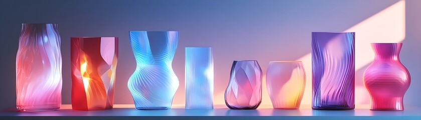 A holographic vase that flickers between Art Nouveau curves and Brutalist starkness, each shift marked by evolving textures and abstract visual elements