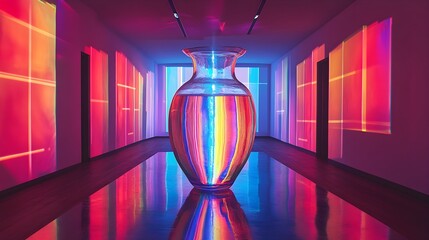 a liquid vase suspended in mid-air, filled with luminous neon colors, constantly changing its form a