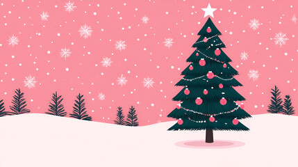 Sticker - Festive Christmas Tree with Pink Sky and Snowfall - Perfect for Holiday Greetings