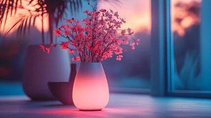 A sleek bioluminescent vase emitting a soft glow, filled with genetically modified flowers that change colors in response to touch, set in a futuristic, minimalist room