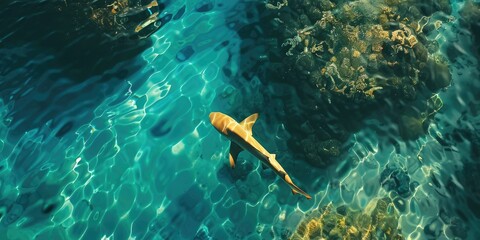 Wall Mural - Aerial view of nurse shark swimming in shallow waters of the blue ocean