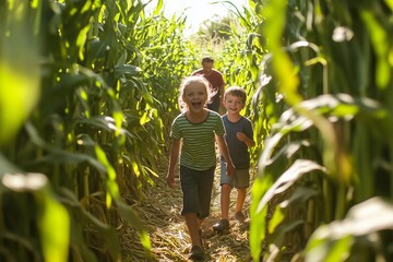 Children joyfully exploring a corn maze during a sunny afternoon in the countryside