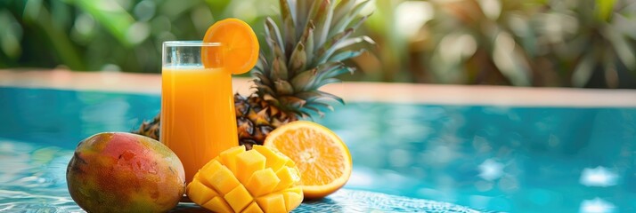 Poster - Assorted tropical fruits by the pool, including mango, pineapple, and orange, alongside fresh juice, offering nourishing and refreshing choices for a summer beach vacation.