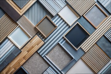 Poster - Eclectic arrangement of colorful frames and textured surfaces in a creative display, showcasing artistic patterns and materials in a contemporary interior setting. Generative AI